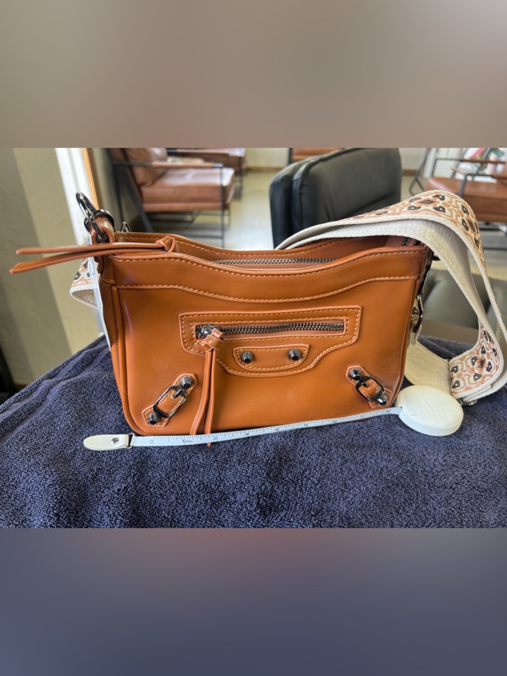 Tan Leather Shoulder Bag with Decorative Woven Strap